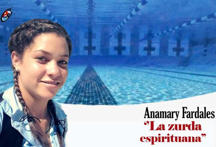 Diseño con fotografía de la polista Anamary Fardales, el texto Anamary Fardales, la zurda espirituana y de fondo el fondo de una piscina.