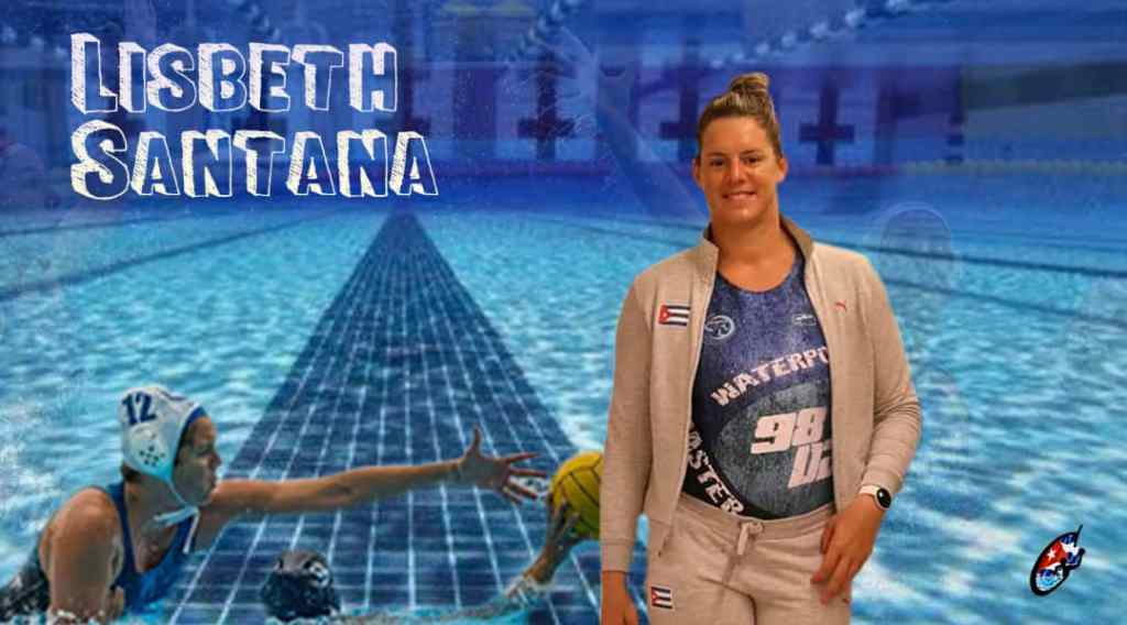 Diseño con dos fotografías de la polista cubana Lisbeth Santana con la trusa del CD Waterpolo 98 02 y el texto Lisbeth Santana, sobre una fotografía del fondo de una piscina.