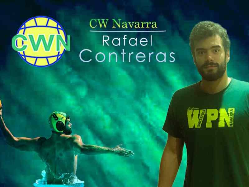 Diseño con dos fotografías de Rafael Contreras, el isologo del CW Navarra y el texto "CW Navarra" "Rafael Contreras", todo sobre un fondo verde y azul.